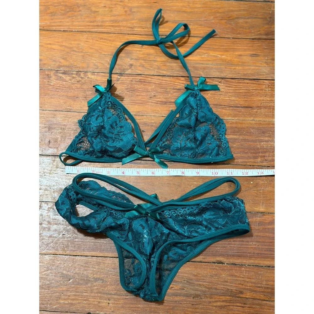 Avidlove‎ Teal Green Lace Lingerie Set Small Strappy Halter Bra and Panty Set